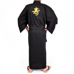 Kimono noir kanji longévité coton drap fin traditionnel japonais pour homme