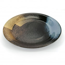 Large round Japanese ceramic plate, brown and blue, MIGAKIMASU