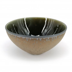 Japanese ceramic soup bowl, metallic glitter brown, blue green interior - METARIKKU