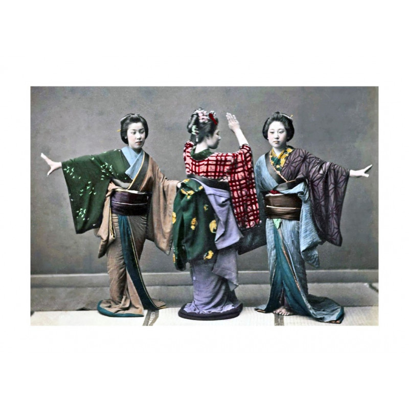 Fotografía antigua, Japón antiguo, Era Tres bailarines en kimono