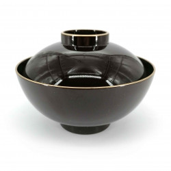 Lacquered soup bowl with lid, black and gold rim, JIMINA