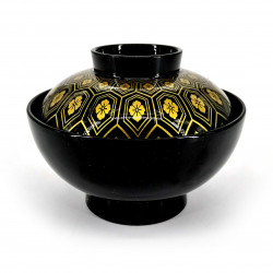 Bol à soupe laqué avec couvercle, noir et motifs géométriques dorés, HANA JIOMETORI