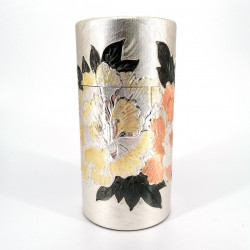 Japanese aluminium tea canister, KOKUSHO BOTAN, silver with wooden box
