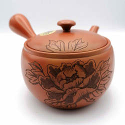 Japanese teapot tokoname kyusu, AKA BOTAN, red and peony