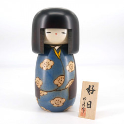 Japanese blue kokeshi doll good day pattern, KOJITSU