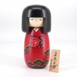 Bambola giapponese kokeshi rossa con motivo gioia, YOROKOBI
