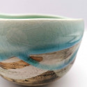 Japanese bowl for ceramic tea ceremony, KASHOKU TAKOIZU, turquoise and brown