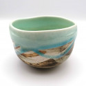 Japanese bowl for ceramic tea ceremony, KASHOKU TAKOIZU, turquoise and brown