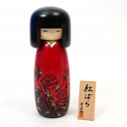 Poupée japonaise kokeshi rouge motif rose rouge, BENI BARA, 26cm