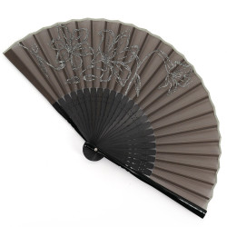 Japanese black fan in polyester and bamboo with lily pattern, LILI, 20.5cm