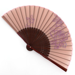 Japanese pink polyester and bamboo fan with roses pattern, BARA, 20.5cm