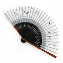 Japanese blue cotton and bamboo fan with light fish pattern, AYU, 22cm