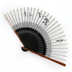 Éventail japonais noir en coton et bambou motif libellules légères, KAGERO, 22cm