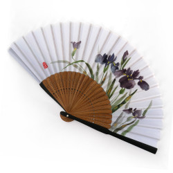 Japanese blue fan in polyester cotton and bamboo iris pattern, SHOBU, 20.5cm
