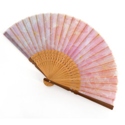 Pink Japanese fan in polyester and bamboo with flower pattern, SUISAN, 21cm