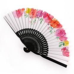 Pink Japanese fan in polyester cotton and bamboo with floral pattern, HANA, 19.5cm