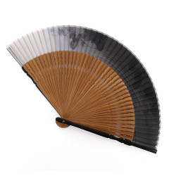 Japanese black fan in polyester and bamboo with gourds pattern, HYOTAN, 22cm