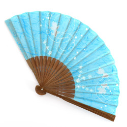 Ventaglio giapponese azzurro in poliestere e bambù con motivo a pesci, KINGYO, 19,5 cm