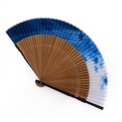 Abanico japonés azul de poliéster y bambú con estampado de hojas de arce, KAEDE, 22cm