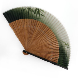 Abanico japonés verde de poliéster y bambú, patrón de bambú, TAKE, 22cm
