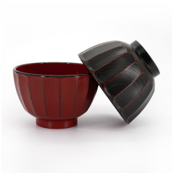 Duo de bol japonais noir et rouge en résine imitation bois, KIKUBORI, 11cm