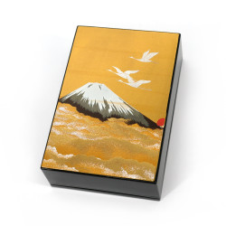 Japanese black resin storage box with cranes and Mount Fuji under the golden sky, SHINSHUDAIIPPO, 11x7.5cm