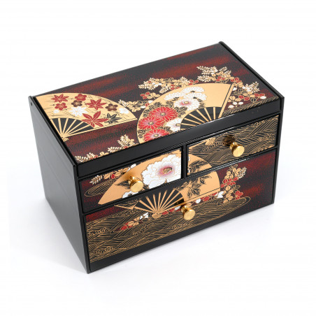 Japanese black resin storage box with mirror and drawers with fans and flowers pattern, MAIOHGI, 18.5x11.5x11.8cm