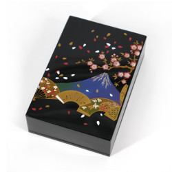Japanese black resin storage box in resin fan pattern Mount Fuji and cherry, SENMENFUJI, 11x7.5x3cm