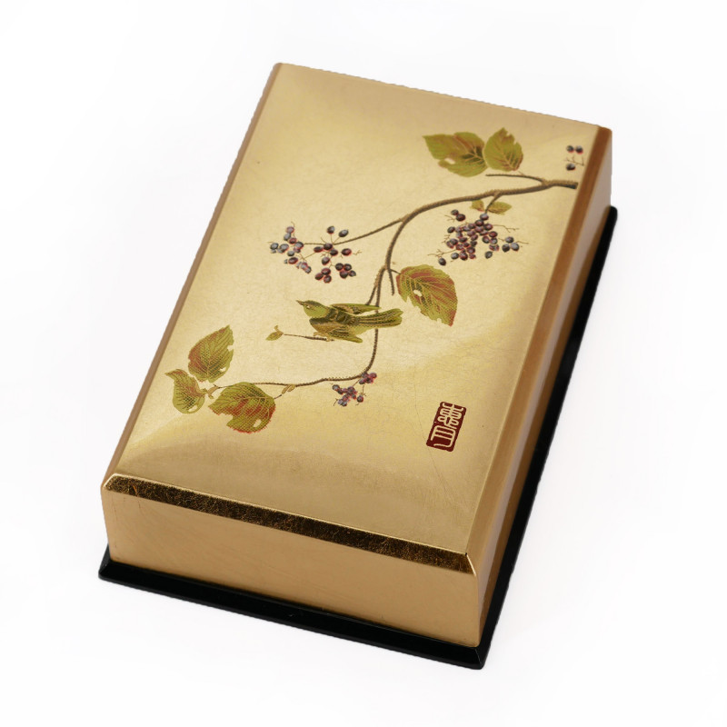 Japanische goldene Aufbewahrungsbox aus Resin mit Spatzenmotiv, HAOTOMUSUBI, 11,5x7,5x3,6cm