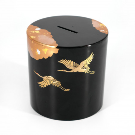 Japanese black money box in resin with Japanese cranes pattern, SHOKAKU, 9x9.2cm