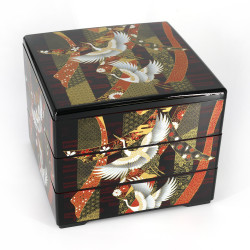 Boîte à repas japonaise jyubako noire motif grue et rubans, NOSHITSURU, 20x20x16cm