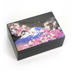 Japanese black resin storage box with Mount Fuji motif and cherry blossoms, FUJISAKURA, 13.4x9x5.3cm