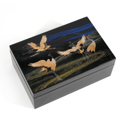 Japanese black resin storage box with Japanese crane pattern, GAKAKU, 13.4x9x5.3cm