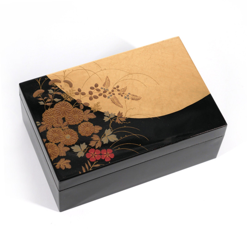 Japanese black and gold storage box in resin flower pattern, HANANO, 13.4x9x5.3cm