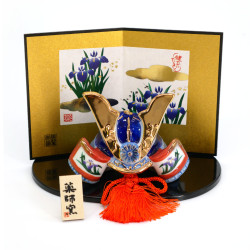 Japanisches Ornament blauer und orangefarbener Kabuto-Helm und Keramik-Irismuster, SHUSSEKABUTO, 7,5 cm