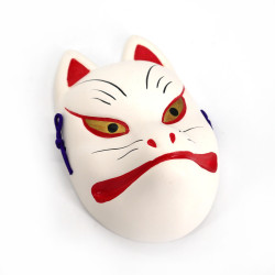 Kleine Noh-Maske, die einen weißen Kitsune-Fuchs aus Keramik darstellt, KITSUNE, 10,4 cm