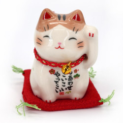 Japanese lucky cat manekineko white and brown in ceramic, CHATORA, 6 cm
