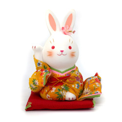 Large ceramic Japanese white rabbit ornament in yellow kimono, HANAUSAGI, 14 cm