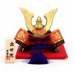 Adorno japonés casco kabuto de cerámica en oro negro y naranja, HEIAN, 11 cm