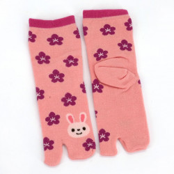 Japanese cotton tabi socks for children in pink rabbit and cherry blossom pattern, USAGI SAKURA, 13-18 or 19-24cm