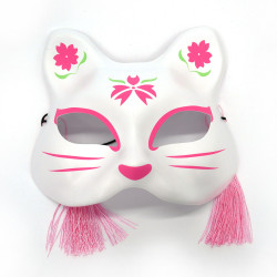 Japanese half-mask of white and pink cat with cherry blossom pattern, NEKOMASUKU