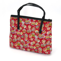 Red Japanese cotton temari handbag, HYAKKA, 28 x 22 cm