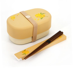 Beige oval Japanese bento lunch box with yellow flower pattern with a pair of matching chopsticks, KINMOKUSEI, 15.5cm