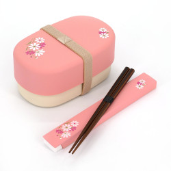 Pink Oval Japanese Bento Lunch Box with Cosmos Flower Pattern with Matching Pair of Chopsticks, COSUMOSU, 15.5cm