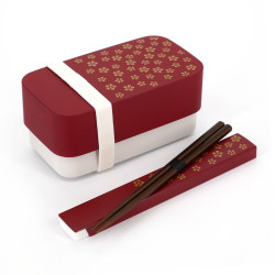 Boîte à repas Bento japonaise rectangulaire rouge motif fleurs de prunes dorée et sa paire de baguettes assortie, UMEFUMI, 15.4c