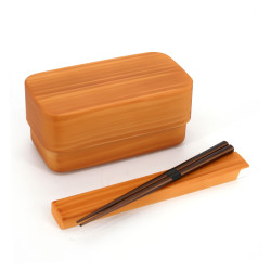 Brown rectangular Japanese bento lunch box with wood pattern and its matching pair of chopsticks, WAPPA, 15.4cm