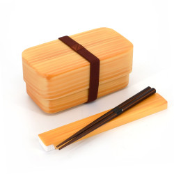 Boîte à repas Bento japonaise rectangulaire marron motif bois clair et sa paire de baguettes assortie, WAPPA, 15,4cm