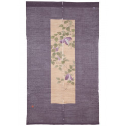 Noren in purple and beige hemp hand painted purple flowers pattern, AKEBI, 88x150cm