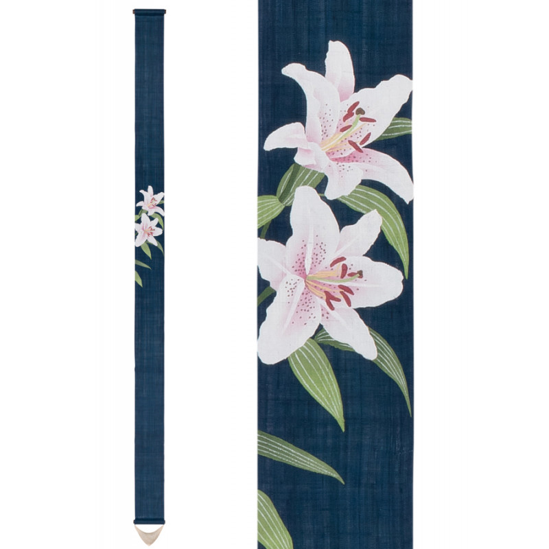Fino tapiz japonés de cáñamo azul pintado a mano con estampado de flores de  lis, YURI,