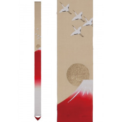 Raffinato arazzo giapponese in canapa beige dipinto a mano rosso motivo Fuji e gru, AKANE FUJI, 10x170cm